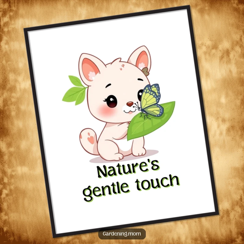 Funny Digital Art Print: An animal character admiring a bright butterfly on a leaf, capturing a moment of serene beauty.