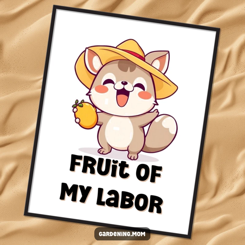 Funny digital art print of an excited animal in a sun hat reaching for fruit, capturing the essence of summer joy instantly.