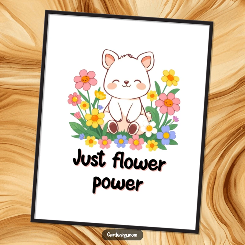 Funny contented animal character sitting amongst vibrant flowers with a peaceful smile, as serene digital art for instant wall decor.
