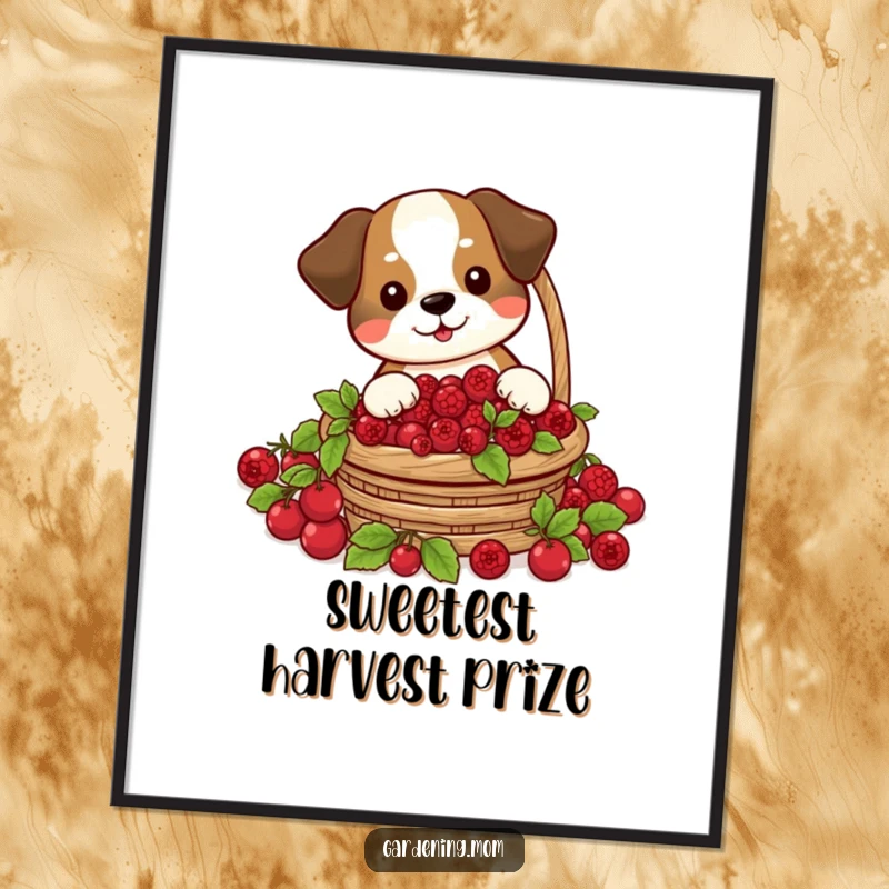 Funny digital art print of a dog happily harvesting a basket of plump red berries, celebrating nature's sweetness.