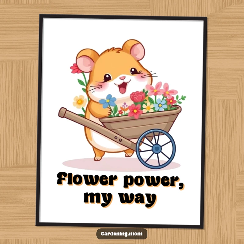 Funny digital art print of a happy hamster pushing a wheelbarrow filled with a bounty of colorful flowers.