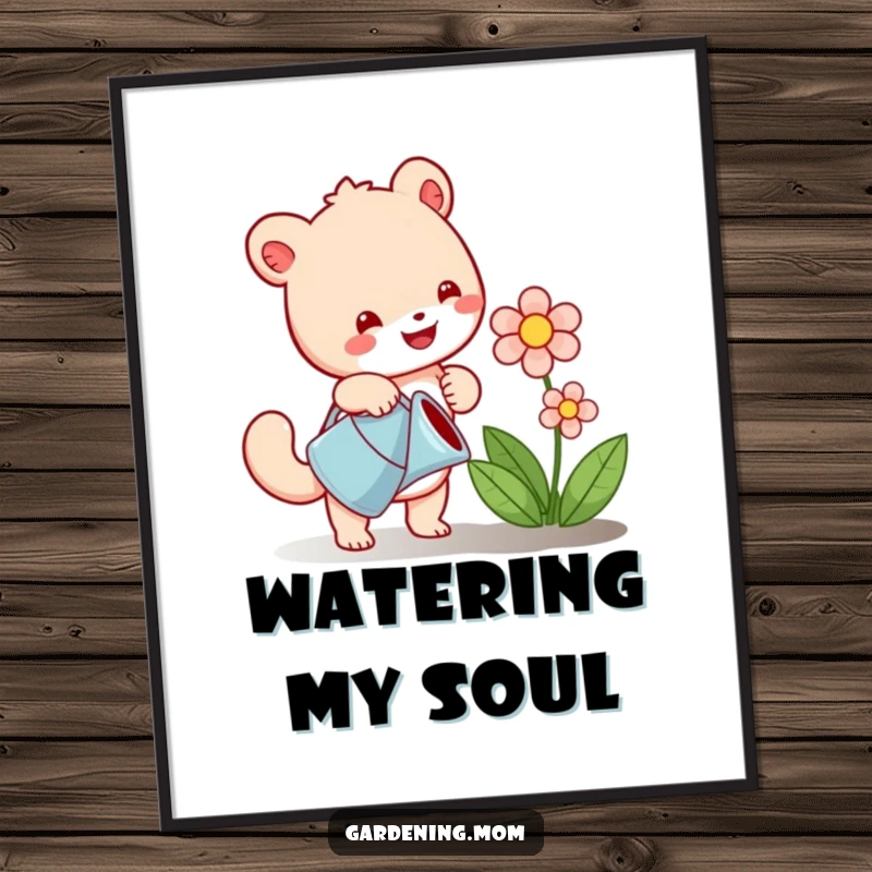 Funny digital art print of a happy animal character watering a lush flower, evoking joy and a love for gardening instantly.
