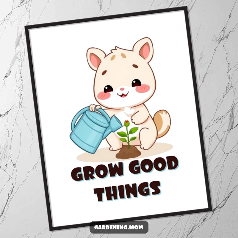 Funny happy animal character watering a small plant with a watering can, as cheerful digital art for instant wall decor.