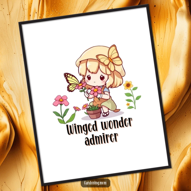 Funny Digital Art: Kawaii gardening character admiring a captivating butterfly on a flower, high-resolution.