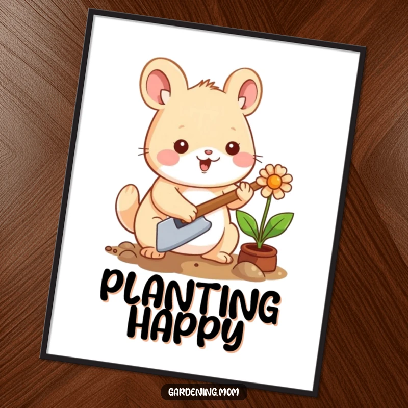 Funny Kawaii Gardening Animal Digital Art Print: A vibrant artwork of a happy animal planting a flower with a trowel, perfect for wall decor.