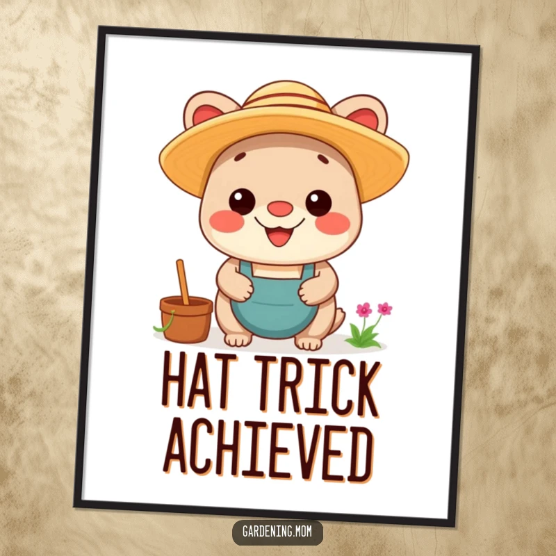 Funny Kawaii Gardening Animal Digital Art Print: Artwork of a happy animal in a straw hat, grinning with pride, perfect for wall decor.