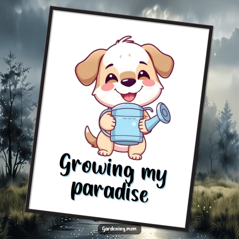 Funny mama dog digital art print of a smiling pup holding a watering can, radiating happiness and garden passion.