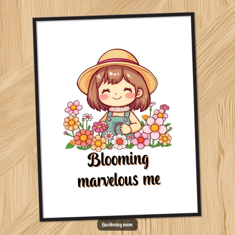 Funny digital art print of a smiling gardening character wearing a straw hat, surrounded by blooming flowers, perfect for cheerful decor.
