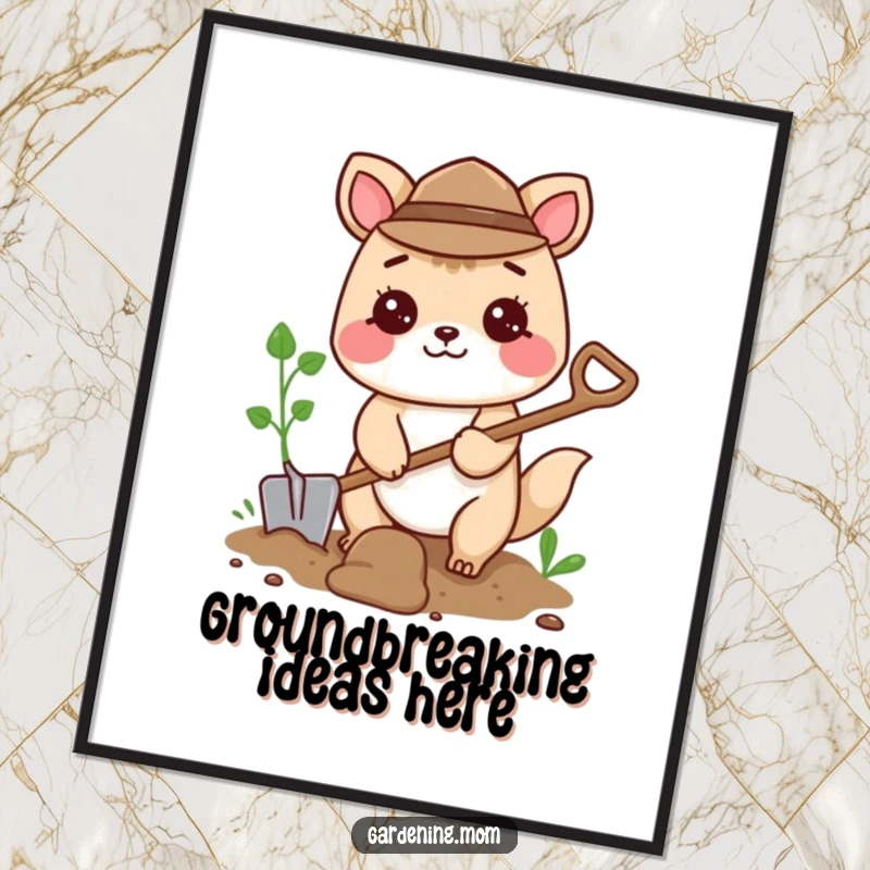 Funny digital art print of a delightful gardening animal character digging with a small shovel, perfect for instant decor.