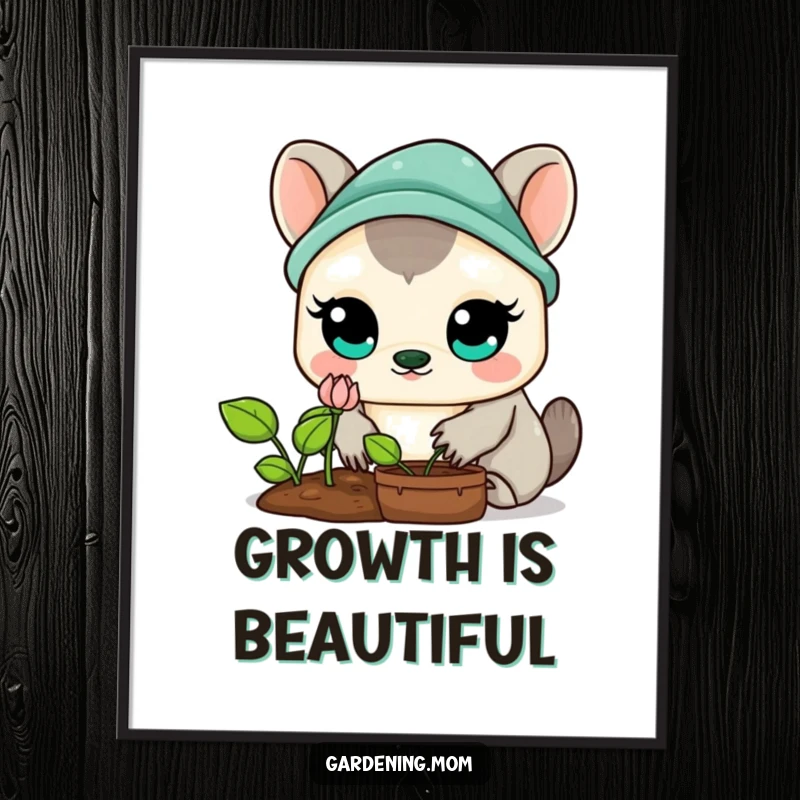 Funny Kawaii Gardening Animal Digital Art Print: Artwork of a wide-eyed animal captivated by a small, blooming sprout, adding charm to any room.