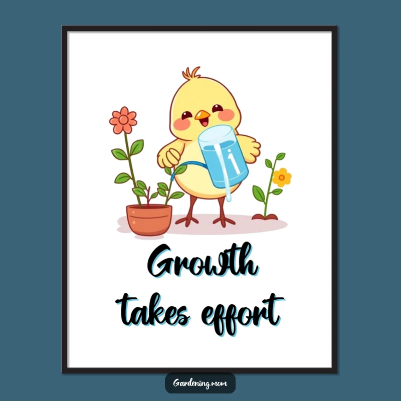 Funny Bird Watering Plants Digital Art Print: Instant Garden Cheer