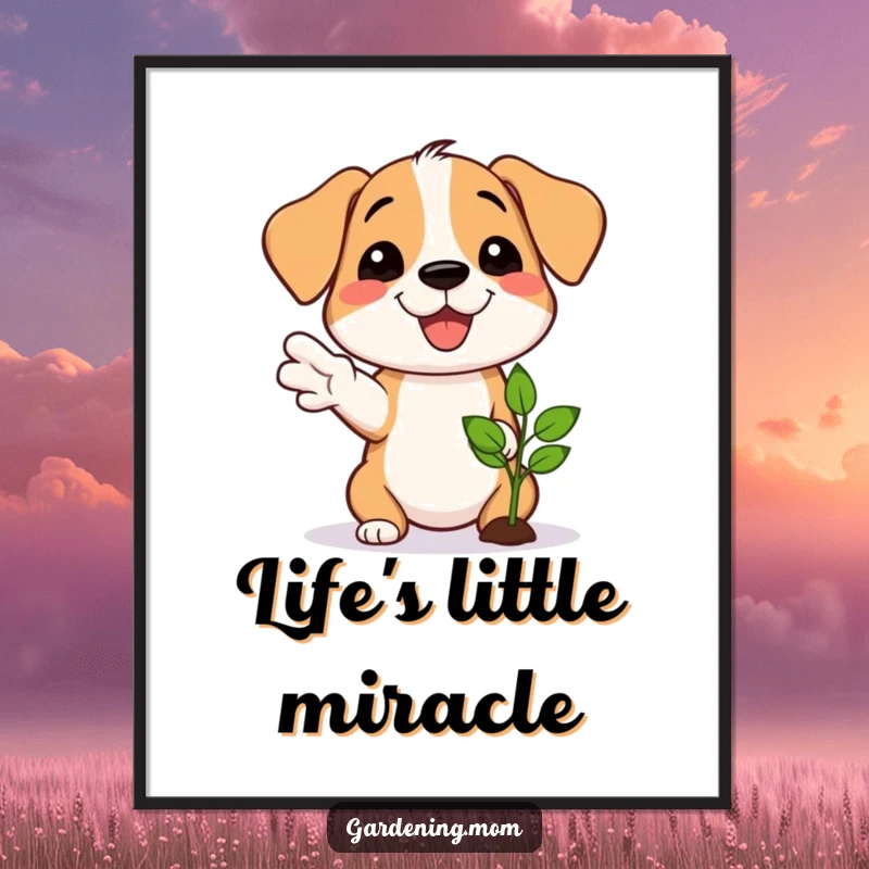 Funny digital art print of a proud dog smiling and gesturing towards a newly sprouted seedling, celebrating growth.