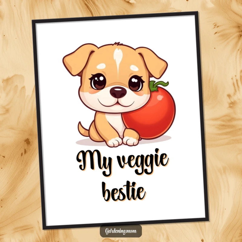 Funny mama dog digital art print of a curious pup peeking from behind a plump tomato, celebrating garden charm.