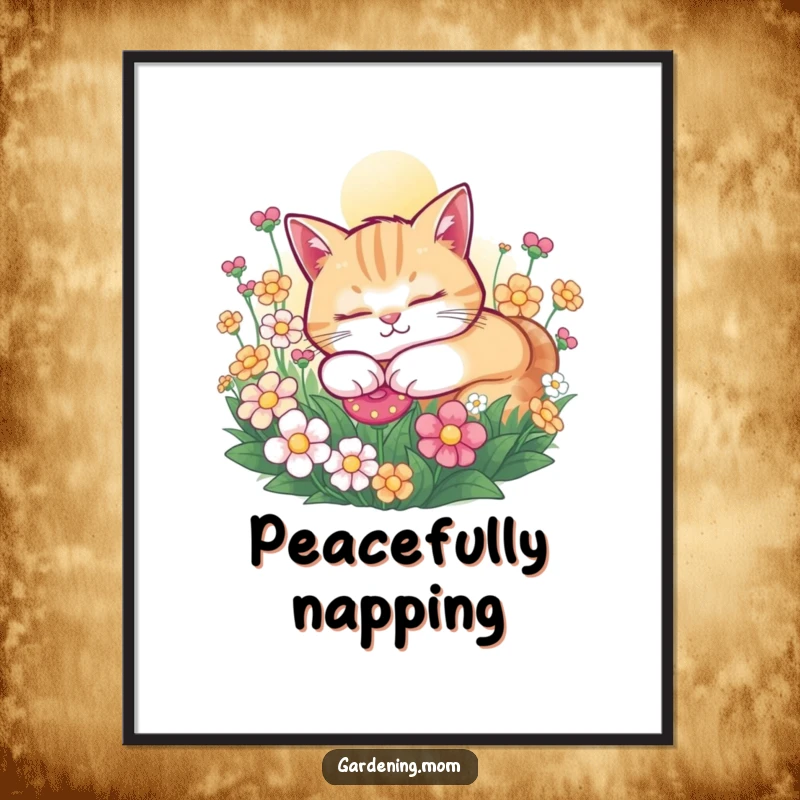 Funny Cat digital art print of a contented cat snoozing peacefully in a sunny flower bed, ready for serene wall decor.