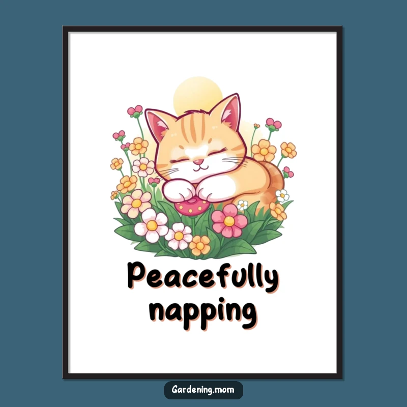Funny Cat Snoozing Digital Art: Peaceful Flower Bed Printable Decor, Funny Gift