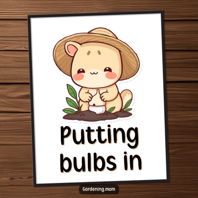 Funny gardening animal digital art print: a smiling critter in a straw hat carefully plants a bulb, symbolizing new beginnings and digital charm.