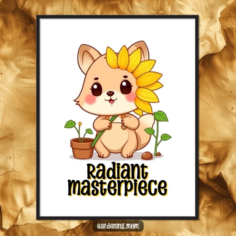 Funny gardening animal character proudly displaying a vibrant sunflower, ready to be printed and enhance your decor.