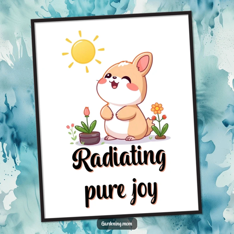 Funny Kawaii Gardening Animal Digital Art Print Looking Up at Sun, Instant Wall Art.