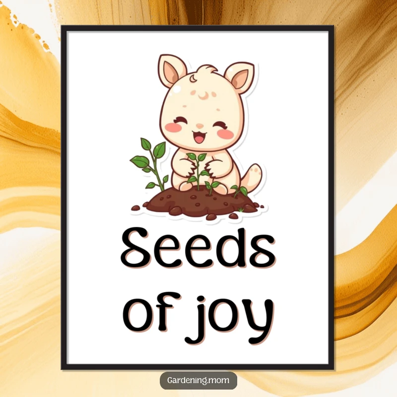 Funny digital art print of a joyful animal character planting seeds with a gentle smile, evoking peace and new beginnings instantly.