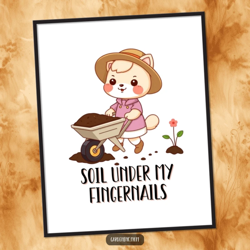 Funny gardening mom animal digital art: an animal mom pushing a small wheelbarrow loaded with soil, ready for planting.