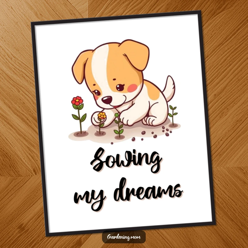 Funny dog carefully planting seeds with small, focused paws, gardening art, digital download, humorous, funny gift.