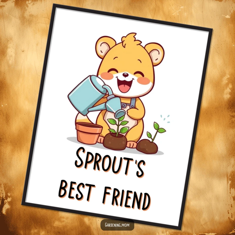 Funny gardening animal digital art print: a delighted critter joyfully waters a tiny green sprout with a watering can, celebrating growth and nature digitally.