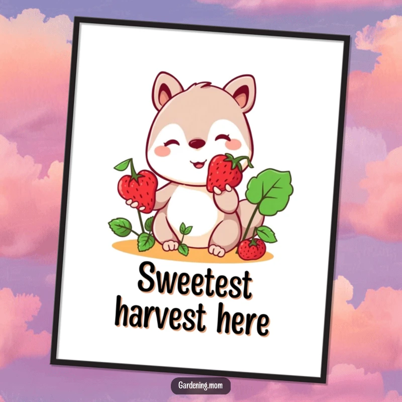 Funny Kawaii Gardening Animal Digital Art Print Offering a Berry, Instant Downloadable Wall Art.