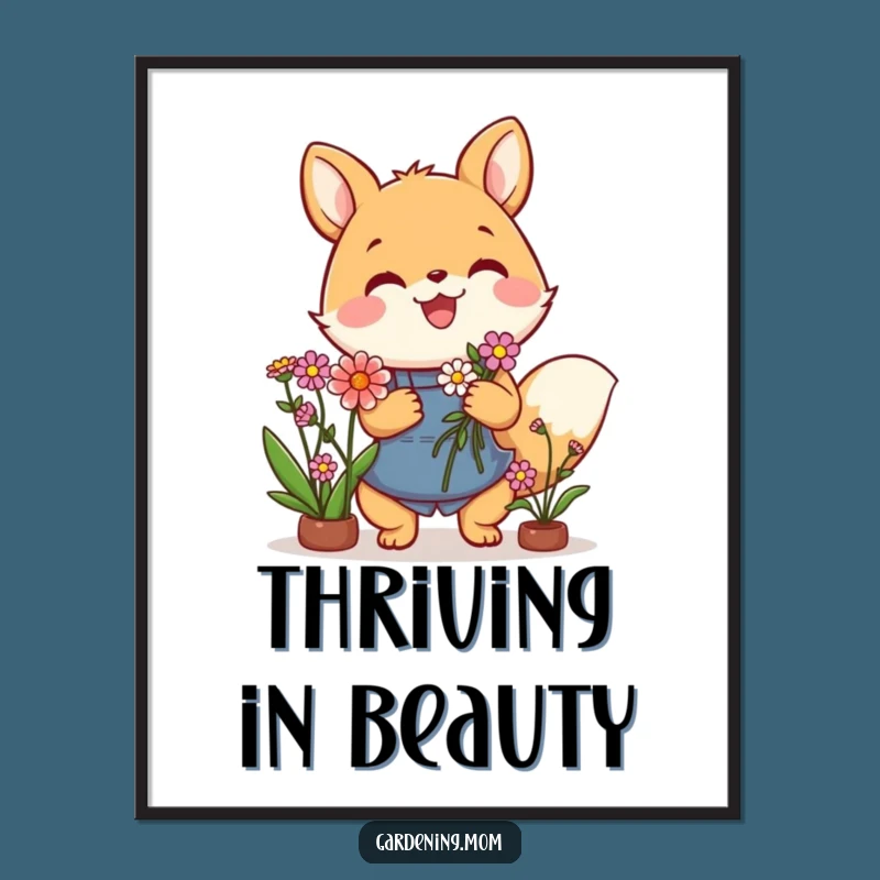 Funny Gardening Animal Digital Art: Flower Bouquet Print, Instant Gift