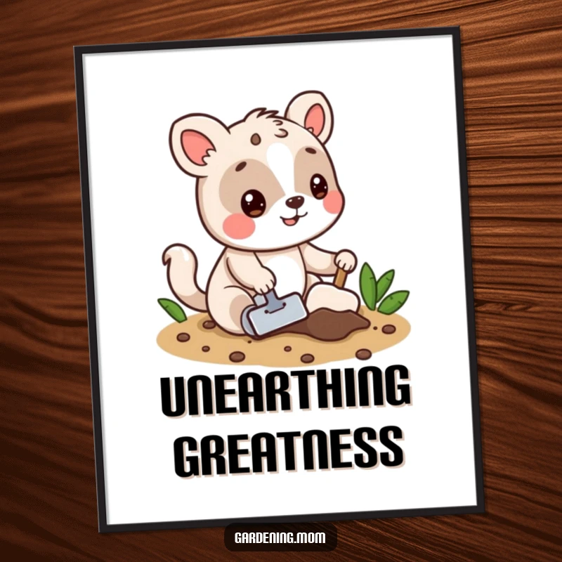 Funny digital art print of a playful animal character digging in soil, capturing the fun and energy of gardening immediately.