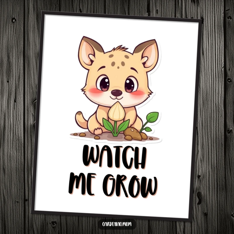 Funny curious animal character with wide eyes looking at a sprouting seed, as delightful digital art for instant wall decor.