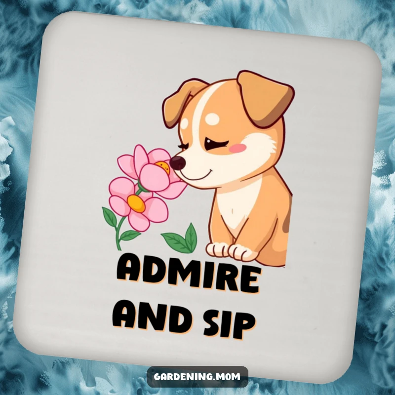 Funny dog admiring a blooming flower with pure delight, set of coasters, protecting furniture with floral flair, funny gift.