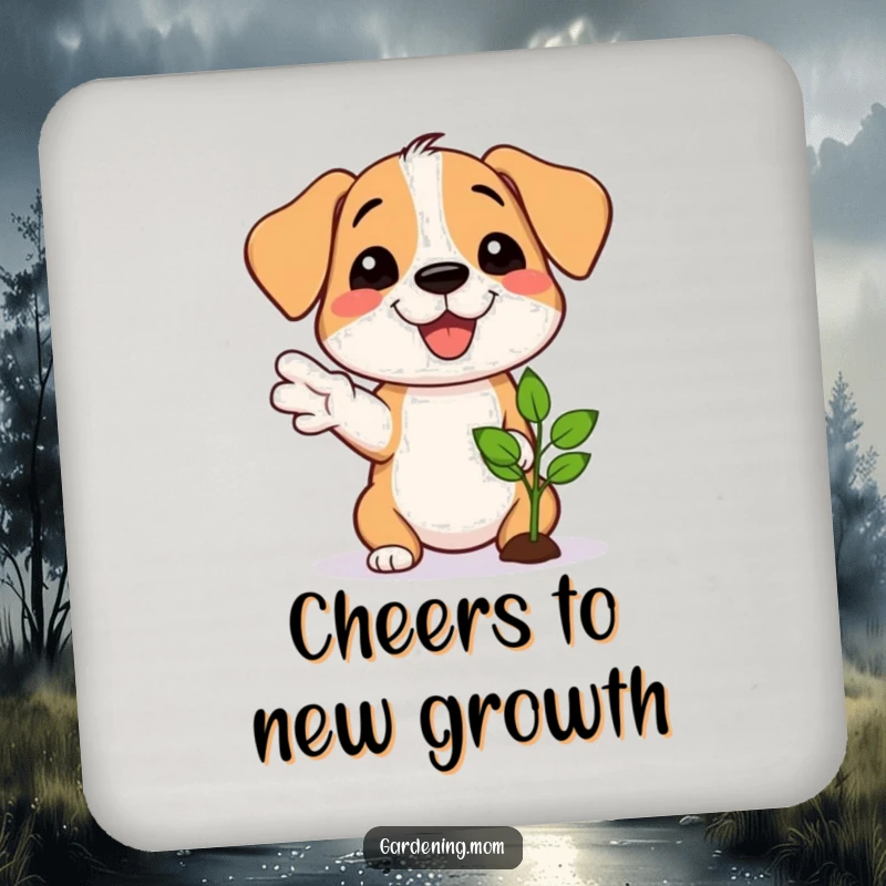 Funny drink coaster featuring a proud dog smiling and gesturing towards a newly sprouted seedling.