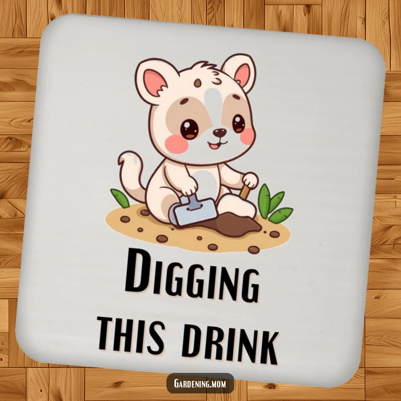 Funny drink coaster featuring a playful animal character digging in soil, adding a whimsical touch to surface protection.