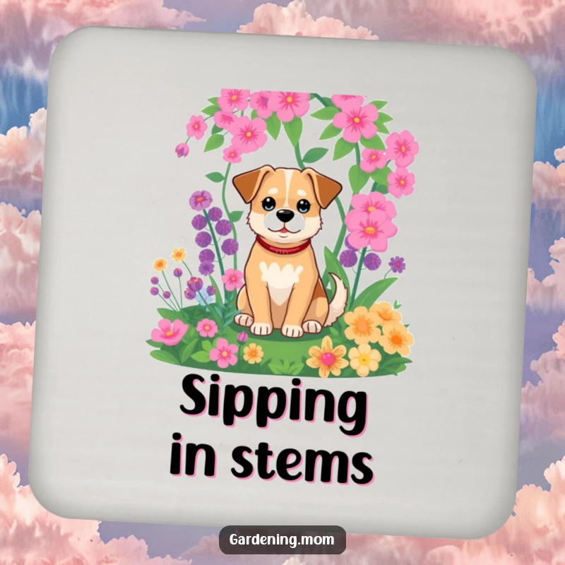 Funny drink coaster featuring a relaxed dog sitting contentedly in a vibrant garden, surrounded by lush greenery.