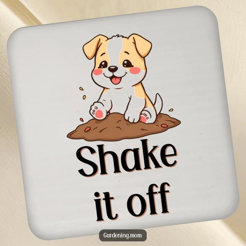 Funny drink coaster featuring a dog shaking soil from its paws with a satisfied wag, celebrating garden work.