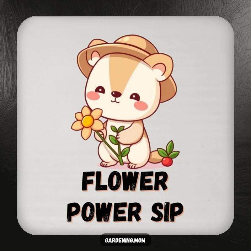 Funny cute animal character in a gardening hat holding a blooming flower, printed on a drink coaster to protect furniture.