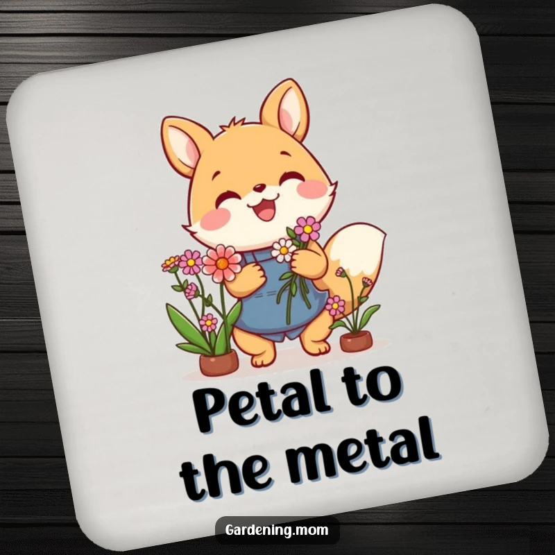 Funny coaster with a joyful gardening animal character holding a lovely flower bouquet, protecting surfaces with charm.