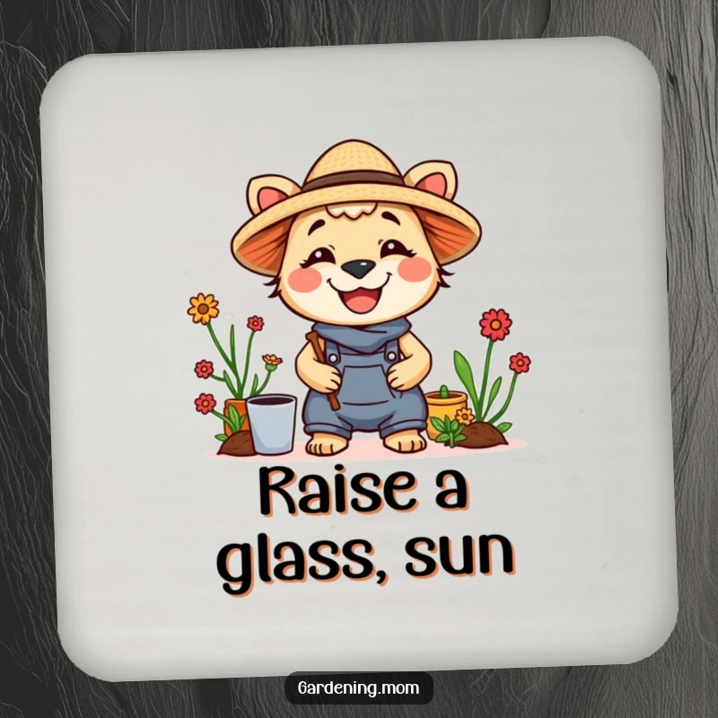 Funny drink coaster with a cute gardening mom animal wearing a straw hat and smiling, adding cheer and protecting surfaces.