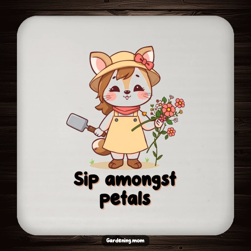 Funny drink coaster with a cute gardening mom animal holding a trowel and flowers, preventing rings and adding garden charm.