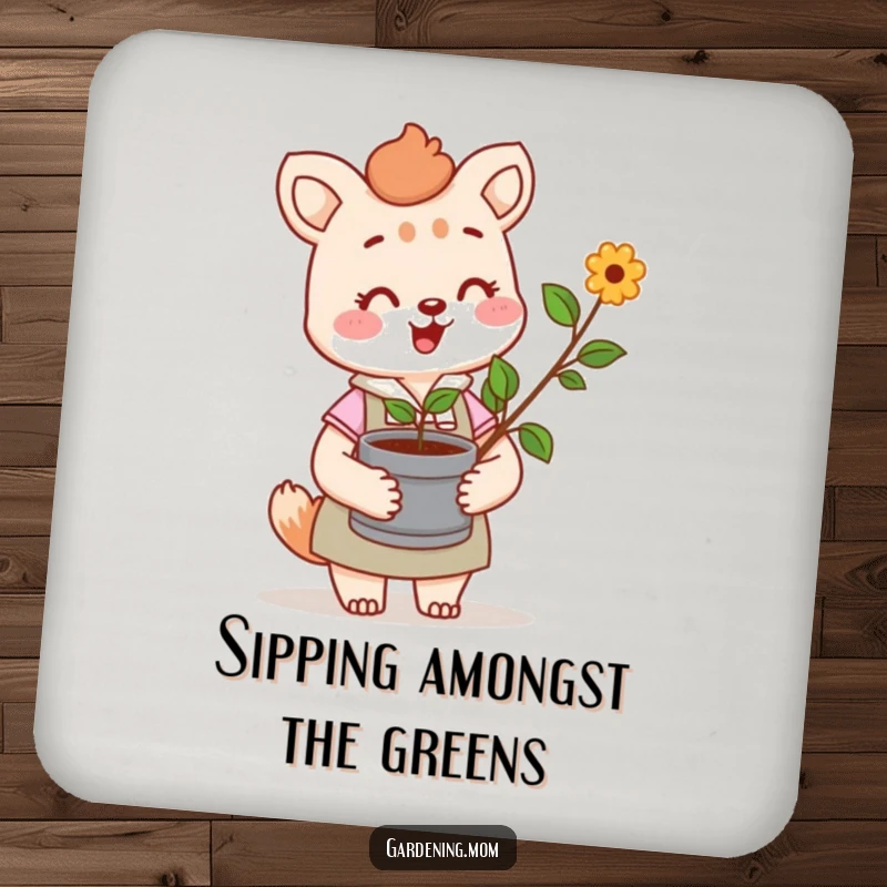 Funny coaster set with a cheerful gardening mom animal character holding a sprout, bringing a touch of nature and care to your table.