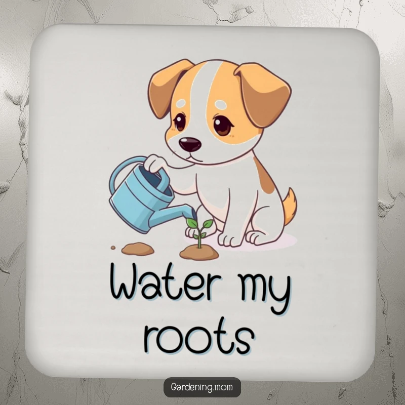 Funny dog watering a sprout, looking hopeful, set of coasters to protect furniture, humorous home decor, funny gift.