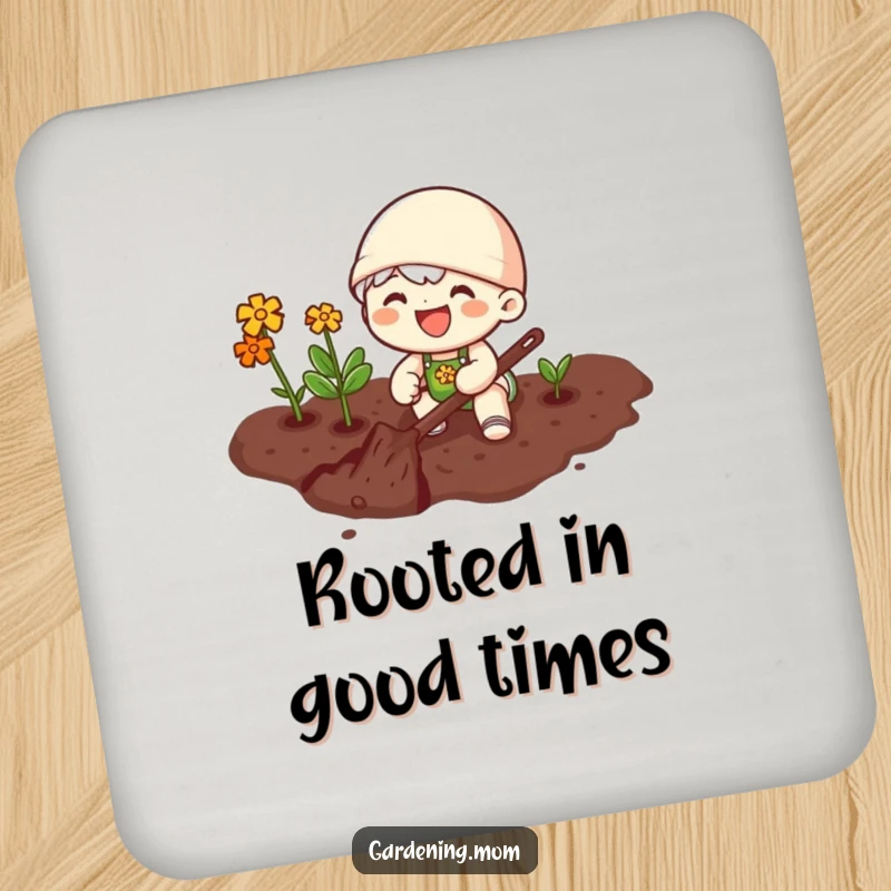 Funny drink coaster with a joyful gardening character happily digging in rich soil, adding decorative and protective flair.
