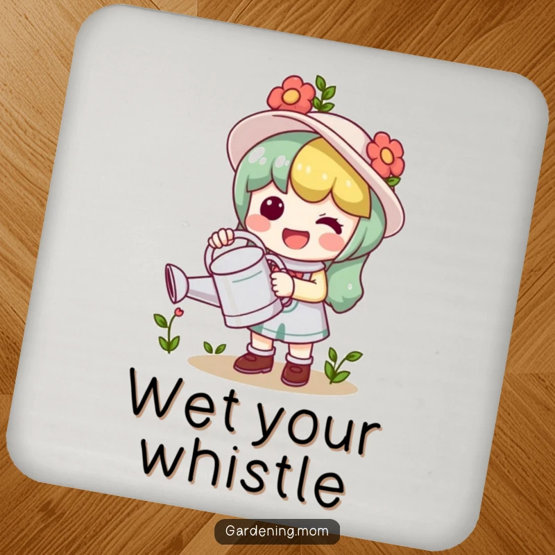 Funny Coasters: A kawaii gardening character joyfully holds a watering can, protecting surfaces stylishly.