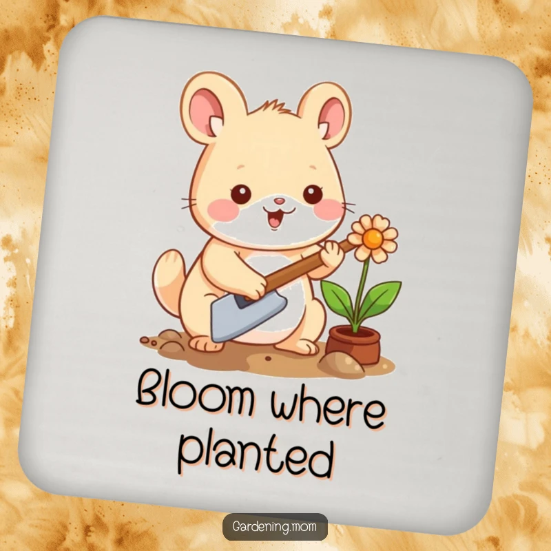 Funny Kawaii Gardening Animal Coaster: A charming illustration of a happy animal planting a flower, protecting surfaces with style.