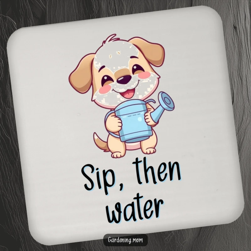 Funny mama dog coaster with a big smile, holding a watering can, adding a humorous touch to drink service.