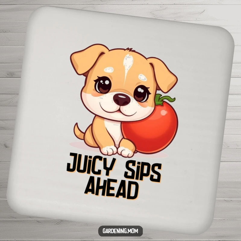Funny mama dog coaster with curious eyes peeking from behind a tomato, adding a fun garden motif to your drinks.