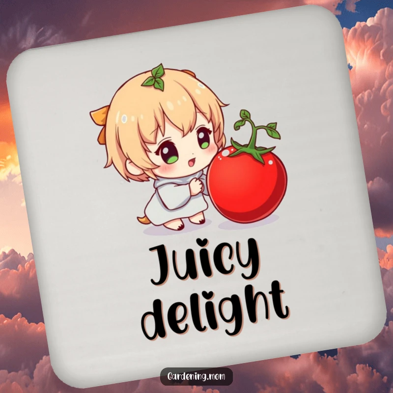 Funny drink coaster with a character joyfully looking at a plump tomato, protecting surfaces with humor.