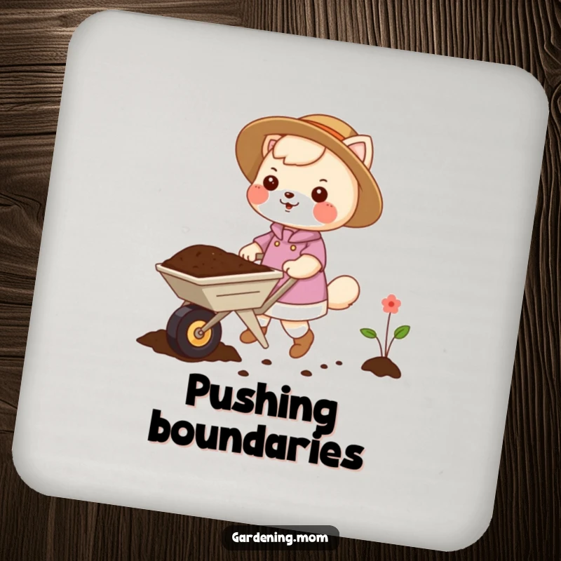 Funny gardening mom animal drink coaster design: an animal mom pushing a small wheelbarrow loaded with soil, a charming garden detail.