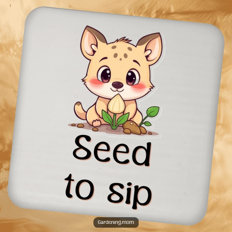 Funny curious animal character with wide eyes looking at a sprouting seed, on a drink coaster to protect furniture.
