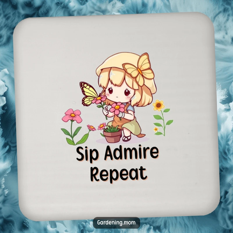 Funny Coasters: A kawaii gardener character is mesmerized by a butterfly on a flower, protecting surfaces.